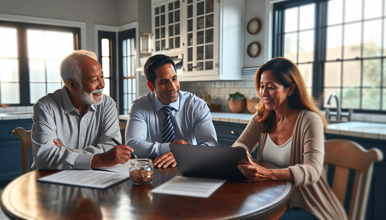 Whole Life Insurance and guide - Senior couple discussing whole life policy details with agent at kitchen table