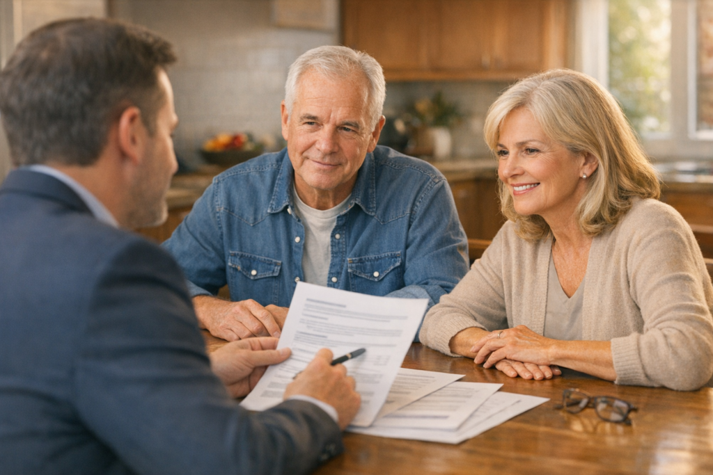 Seniors meeting licensed agent to compare best Whole Life Insurance CA options for final expenses