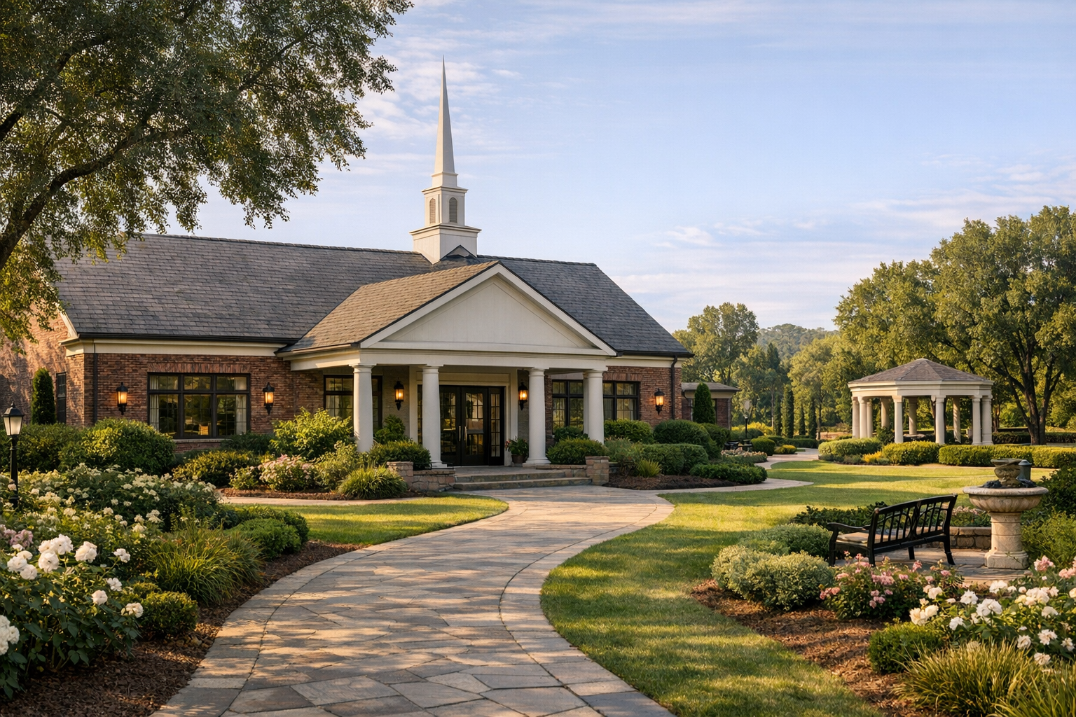 Final Expense Insurance Guide concept image: funeral home exterior and pathway representing end-of-life planning