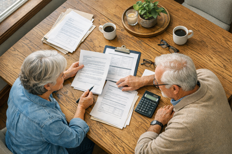 Senior couple reviewing Final Expense Insurance Cost paperwork at home, discussing pricing and coverage options