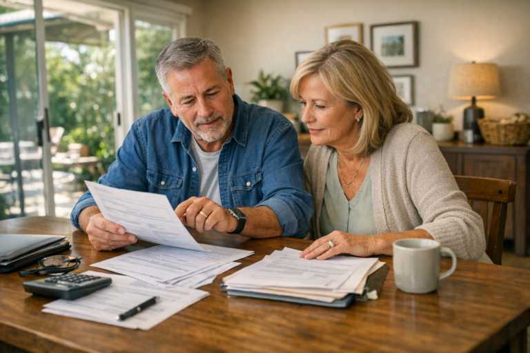 Benefits of Whole Life Insurance - Older couple reviewing whole life insurance paperwork together at home for final expense p