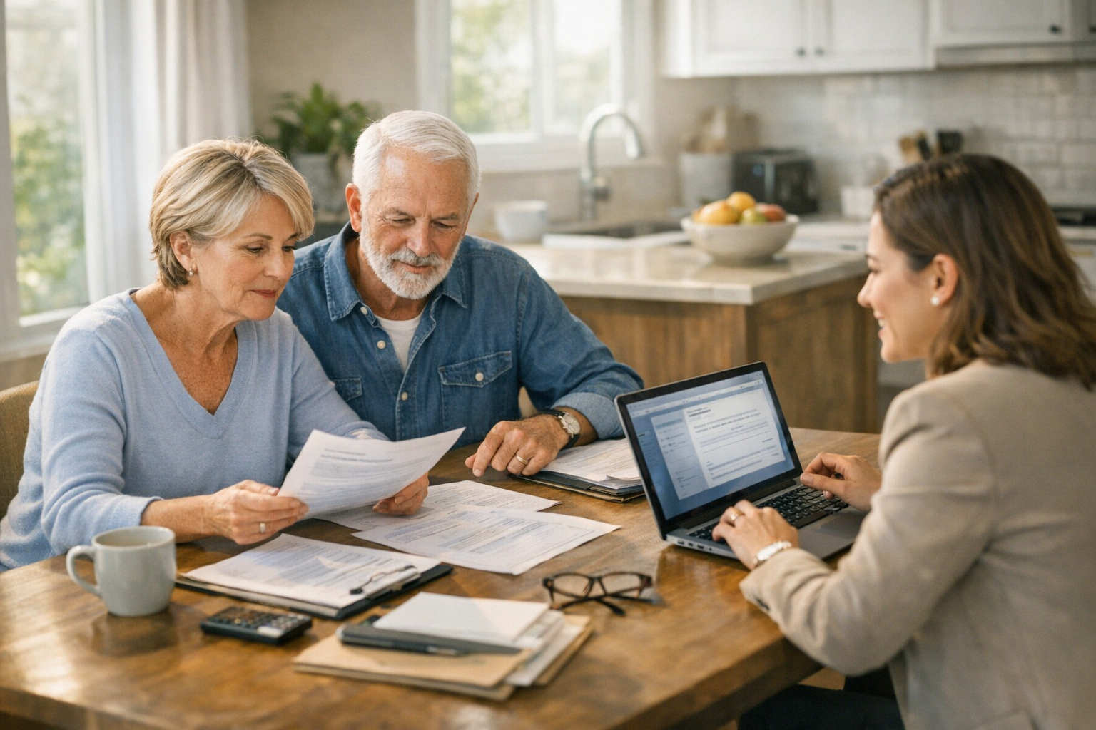 Senior couple reviewing policy papers at home discussing Whole Life Insurance Comparison