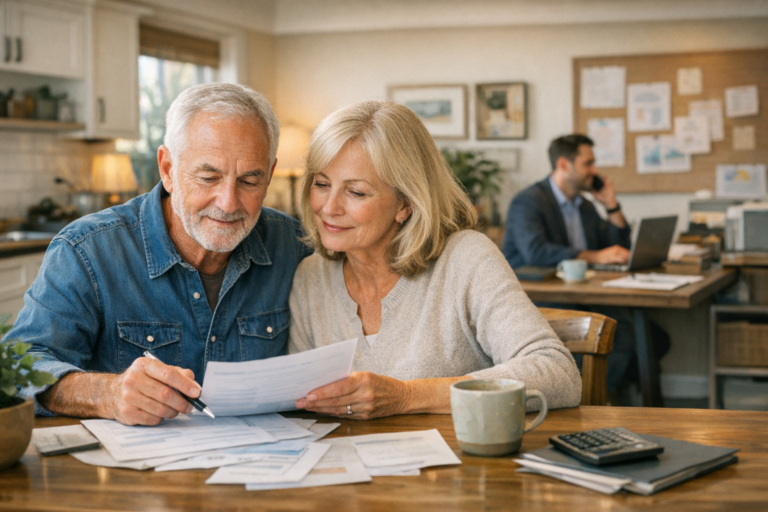 Senior couple reviewing Whole Life Insurance California paperwork at kitchen table
