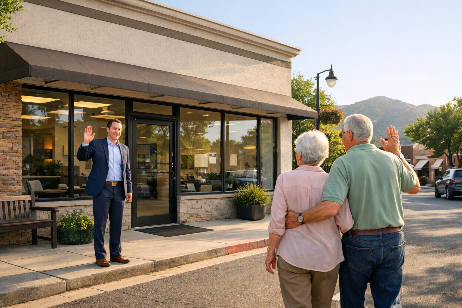 Who Sells Whole Life Insurance Near Me - Local insurance agent greeting a senior customer near storefront while discussing li