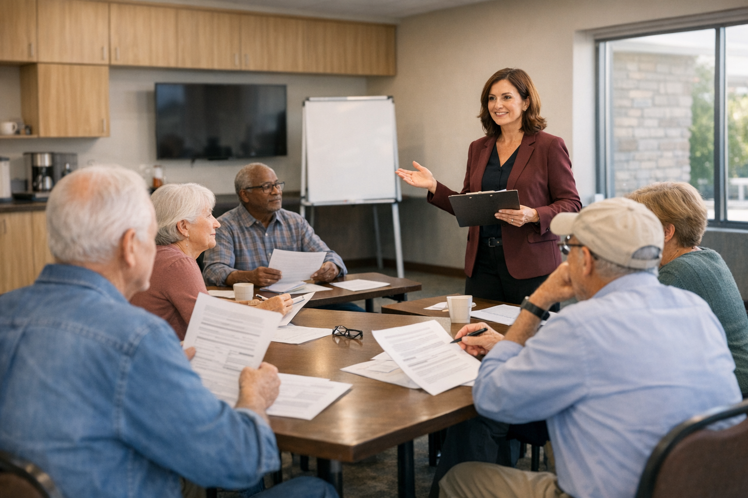 Who Sells Whole Life Insurance Near Me - Agent leading a community seminar for seniors about whole life insurance and final e
