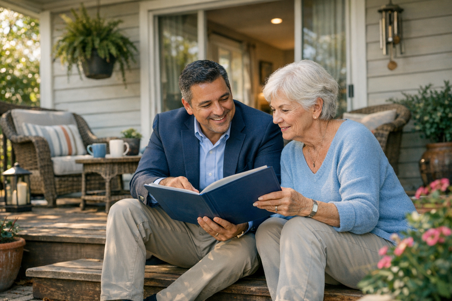 Older homeowner reviewing policy with a Whole Life Insurance Provider during a porch visit
