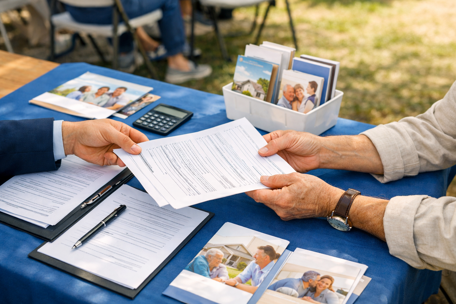 Hands exchanging documents while consulting a Whole Life Insurance Provider about final expenses