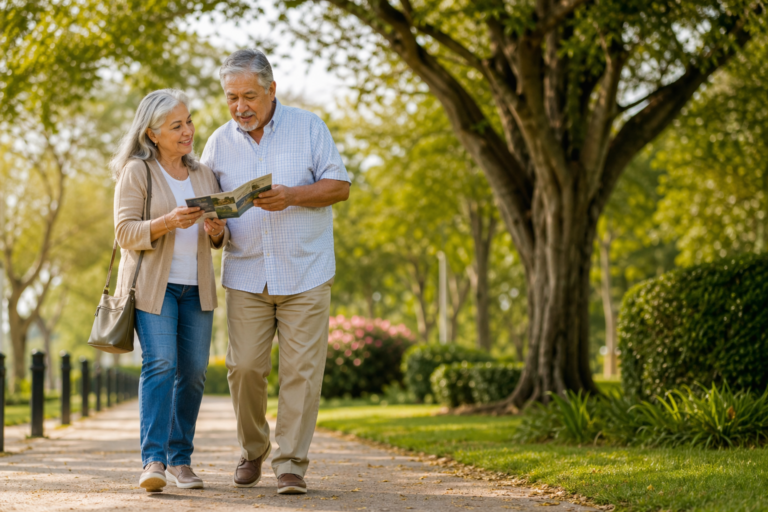 Senior couple reviewing Trusted Whole Life Insurance policy details during an outdoor walk