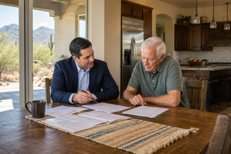 Whole Life Insurance Arizona agent conducting a home-visit with a senior client at the kitchen table