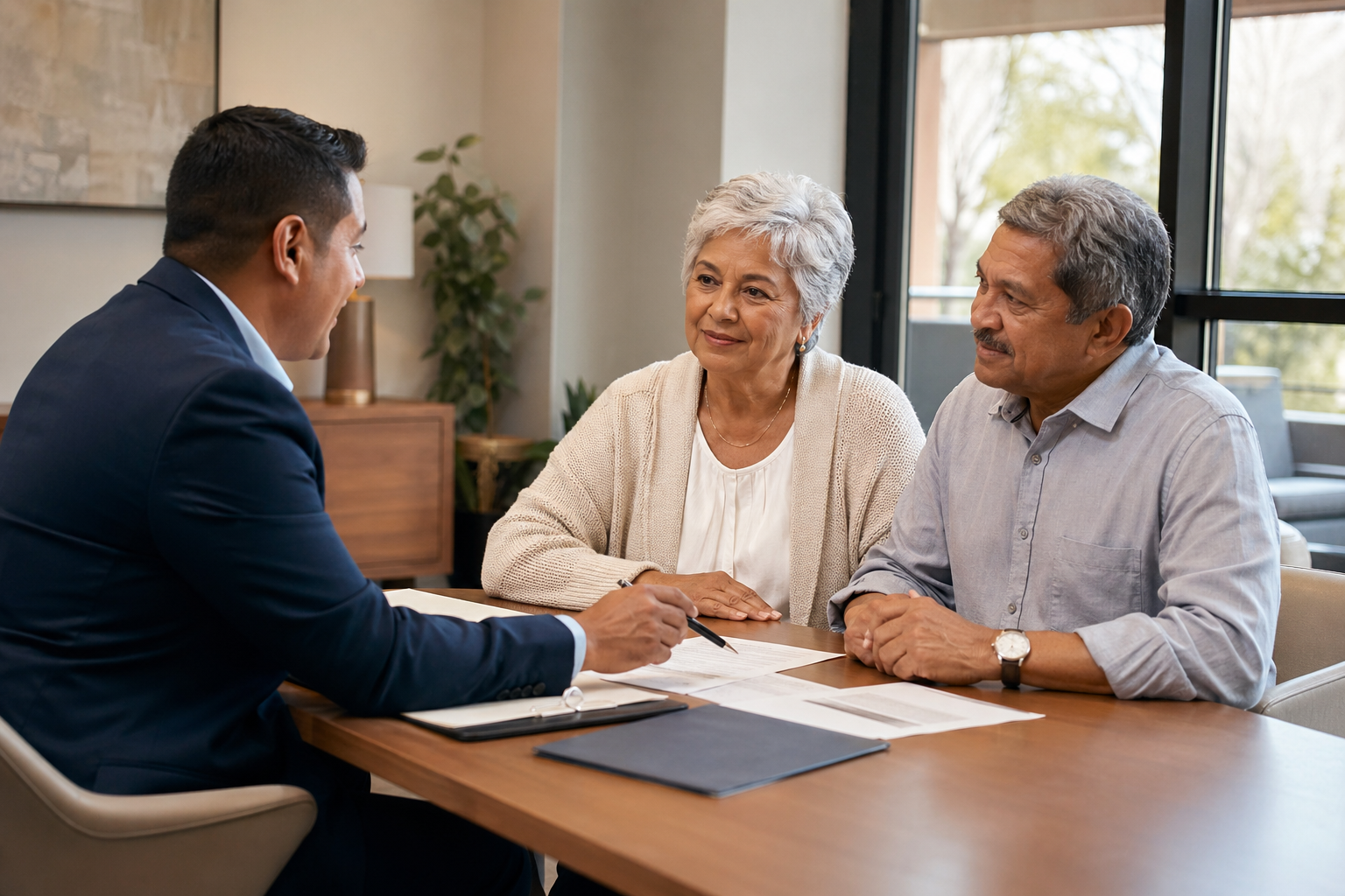 Senior couple consulting agent about Whole Life Insurance California at a community center