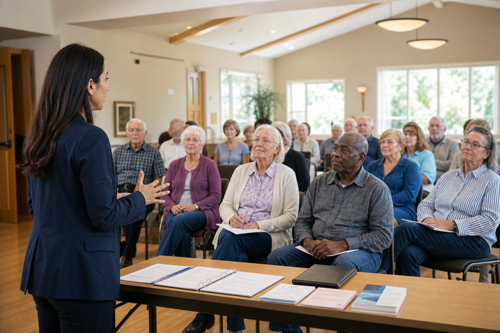 Seniors at a community seminar learning about A Practical Guide to Trusted Final Expense Insurance from a local agent