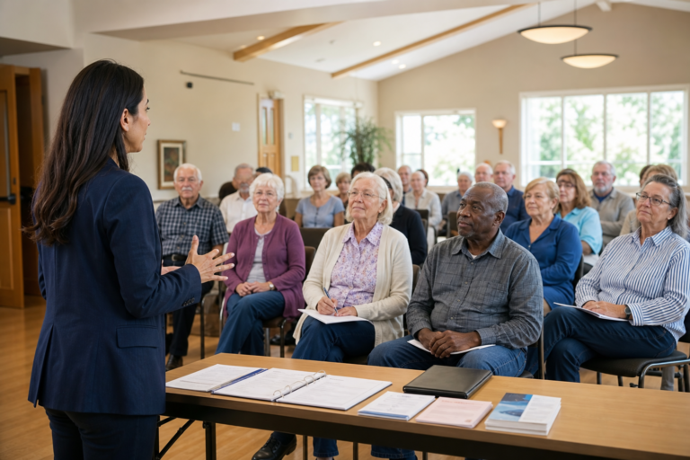 Seniors at a community seminar learning about A Practical Guide to Trusted Final Expense Insurance from a local agent