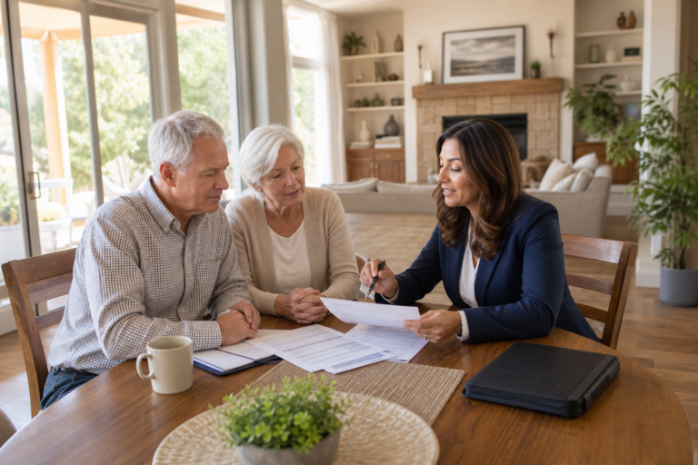 Agent explaining Whole Life vs Universal Life: Which One Actually Makes Sense? to senior couple during a home visit