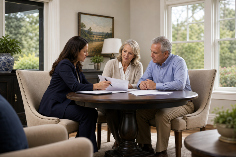 Whole Life Insurance Options - Insurance agent reviewing whole life policy options with a senior couple in a consultation lou