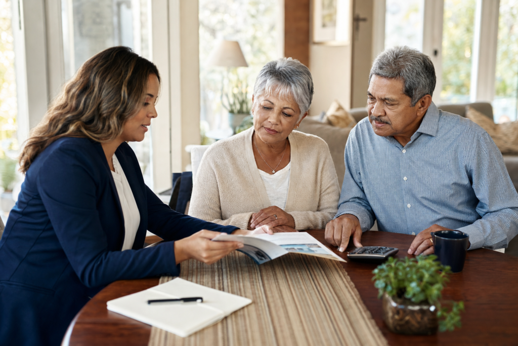 Senior couple meeting an agent at home to discuss burial insurance no medical exam options and final expense coverage