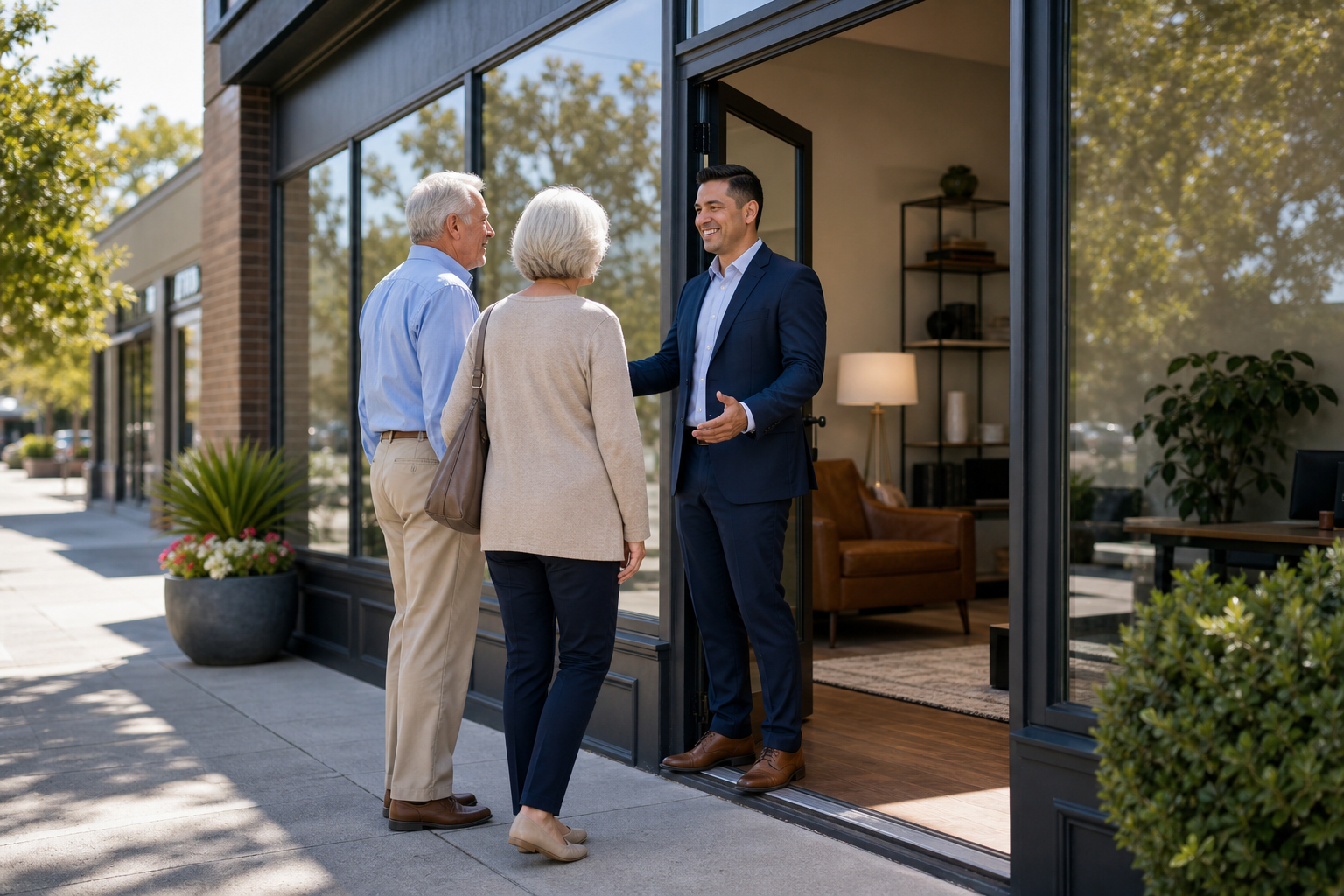 Burial Insurance No Medical Exam - Insurance office entrance with agent greeting senior clients about final expense and whole