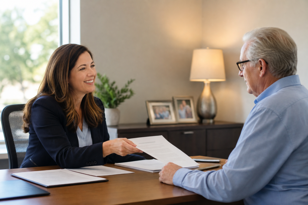 Senior reviewing whole life policy sample with licensed agent — Who Has the Best Whole Life Insurance Policies