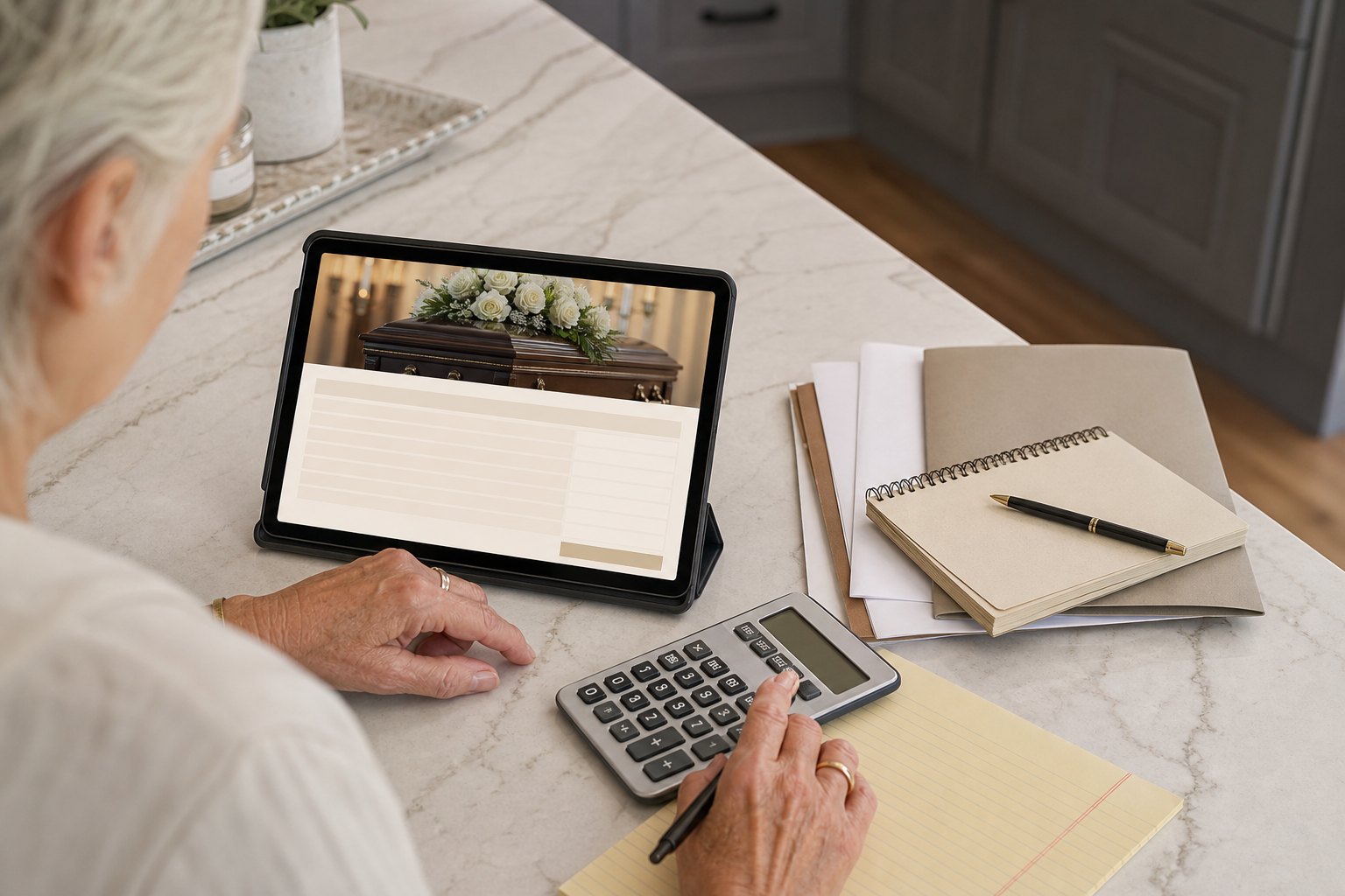 Funeral cost planning on tablet and calculator to compare whole life options — Who Has the Best Whole Life Insurance Policies