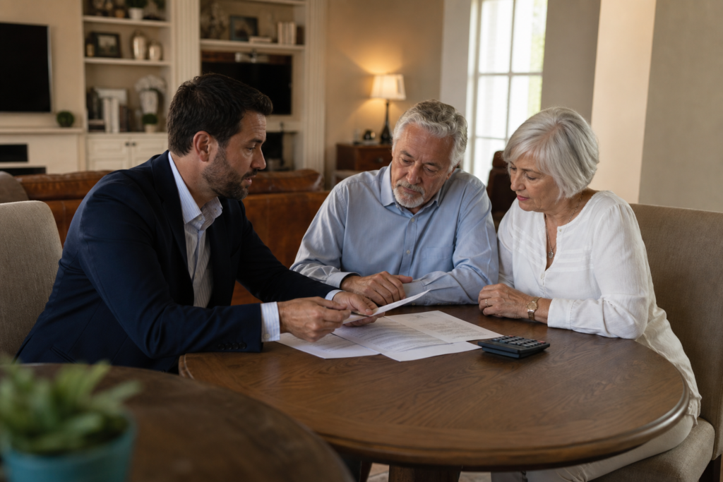 Who Has the Best Whole Life Insurance Rates - Senior couple discussing whole life insurance rates with agent during a home vi