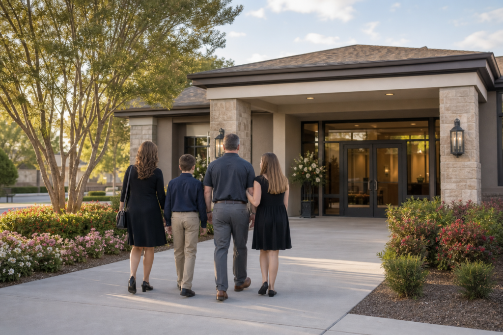 How to Calculate Final Expenses - Family walking toward a local funeral home entrance to arrange services, landscape view