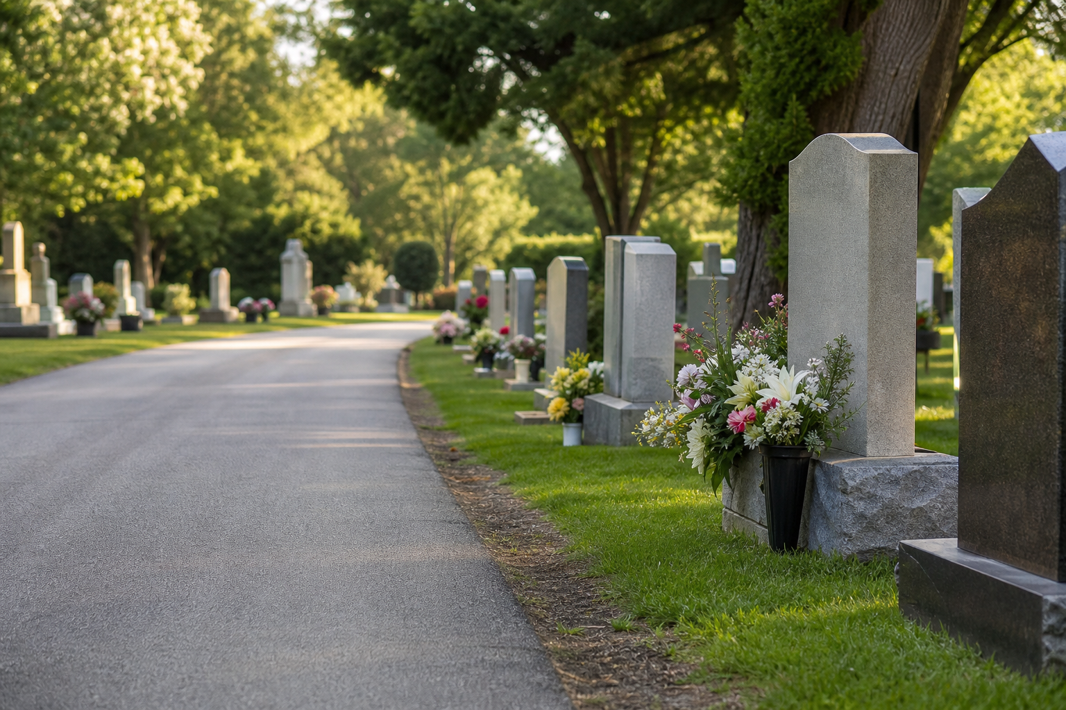 How to Calculate Final Expenses - Peaceful cemetery lane with headstones and floral tributes, low-angle landscape