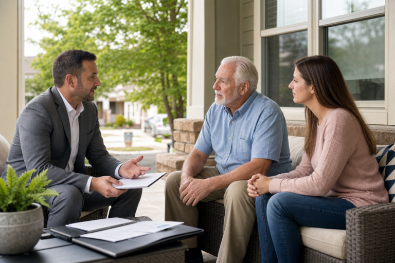 Agent and senior discussing Final Expense Insurance Cost on a front porch with family nearby