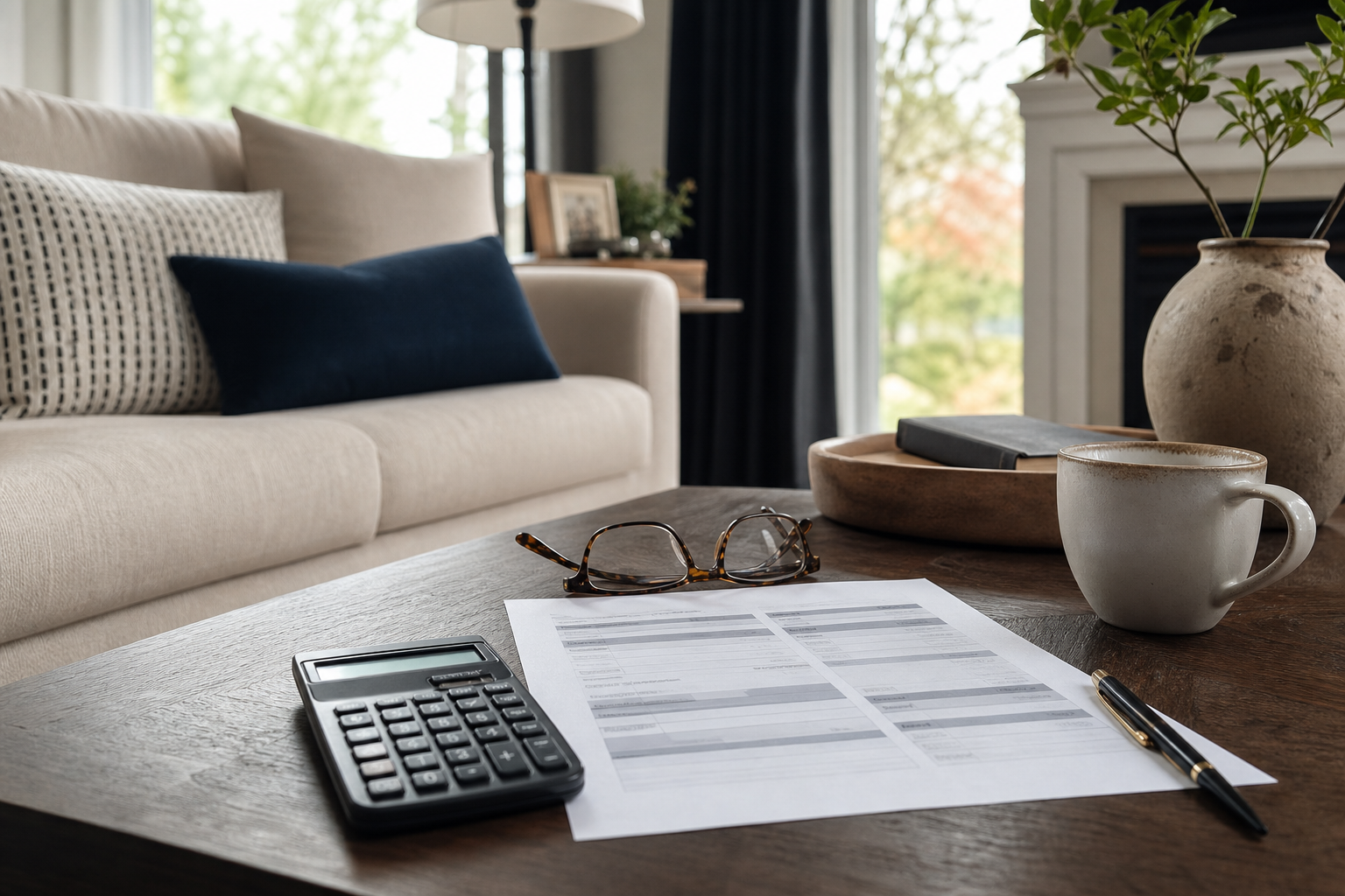 Calculator, glasses and funeral worksheet on a living room table illustrating Final Expense Insurance Cost planning
