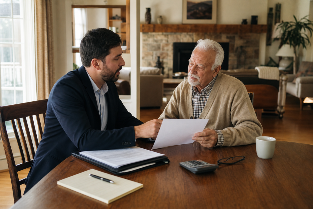 Whole Life Insurance Guide - Independent insurance agent advising a senior at a home table about whole life policy options an