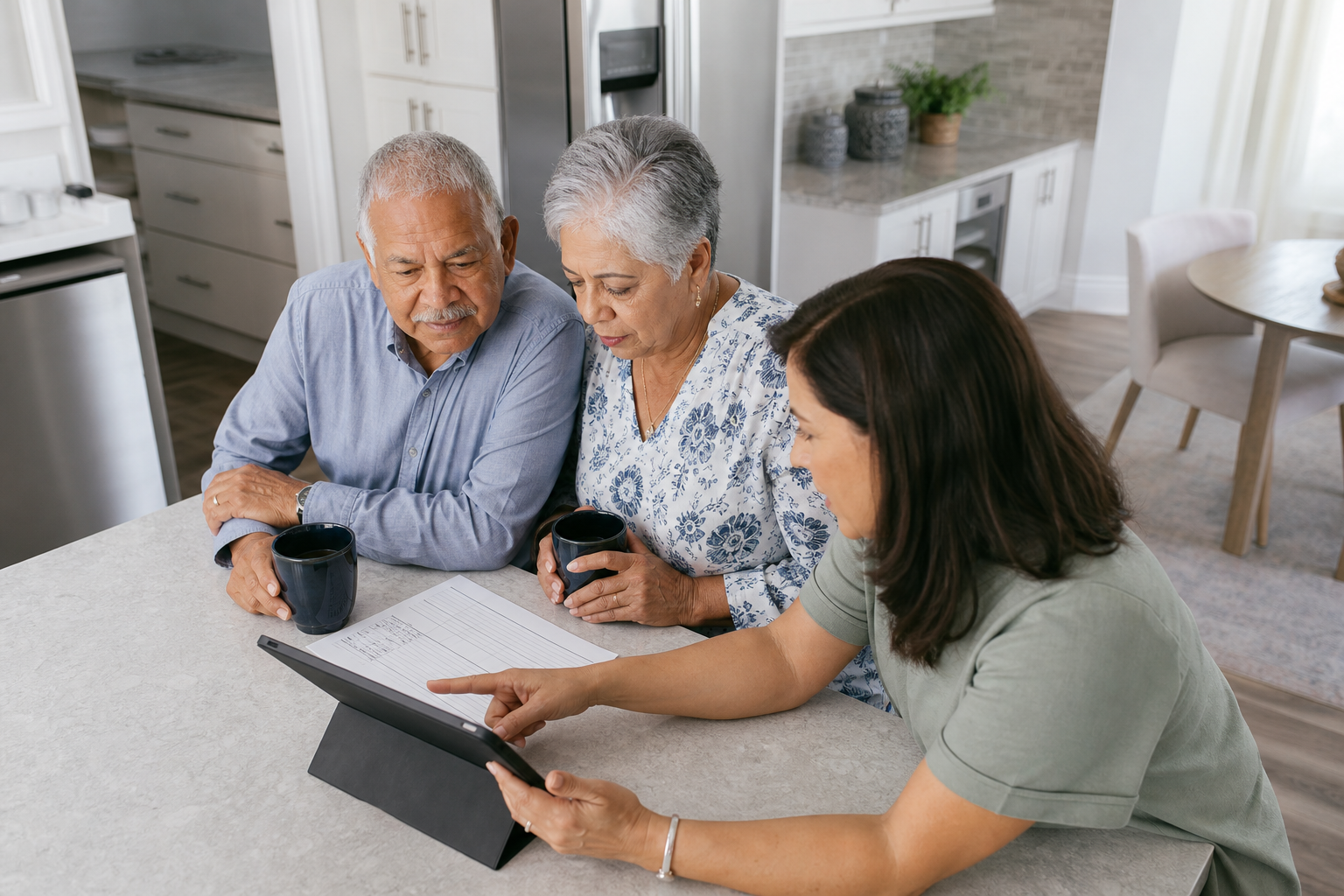 Whole Life Insurance Guide - Senior couple and adult child estimate funeral costs using a tablet and worksheet while discussi