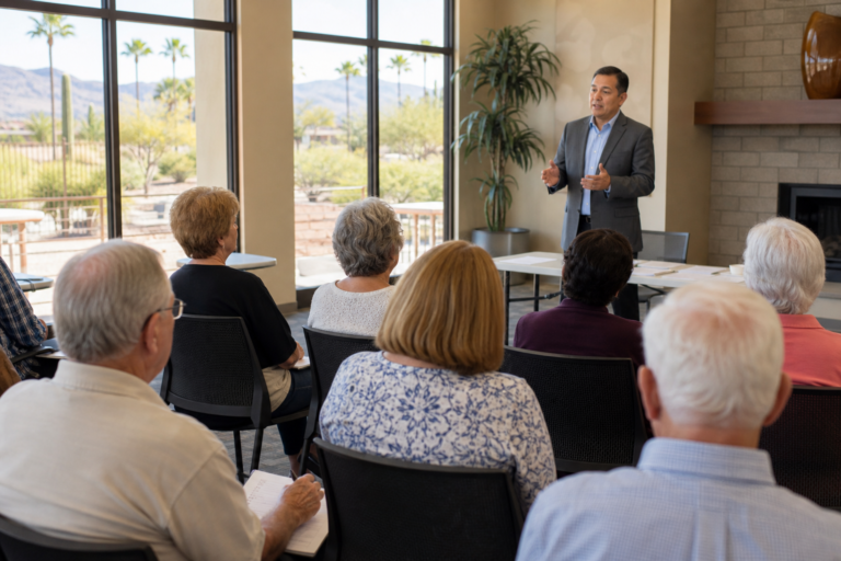 Final Expense Insurance for Seniors in Phoenix - Agent leading a final expense insurance seminar for seniors at a Phoenix com