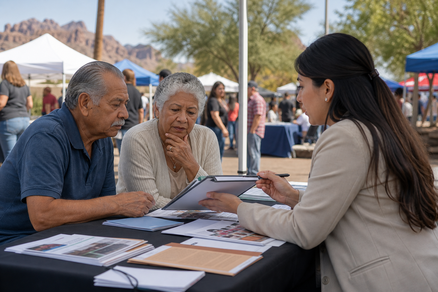 Final Expense Insurance for Seniors in Phoenix - Senior couple talking with an insurance agent at a Phoenix community health