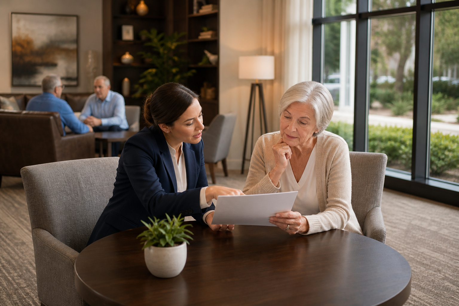 Guide to Trusted Final Expense Insurance - Agent reviewing a final expense insurance checklist with a senior client