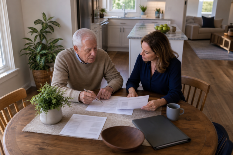 Whole Life Insurance Guide - Senior reviewing whole life insurance policy documents with family at kitchen table