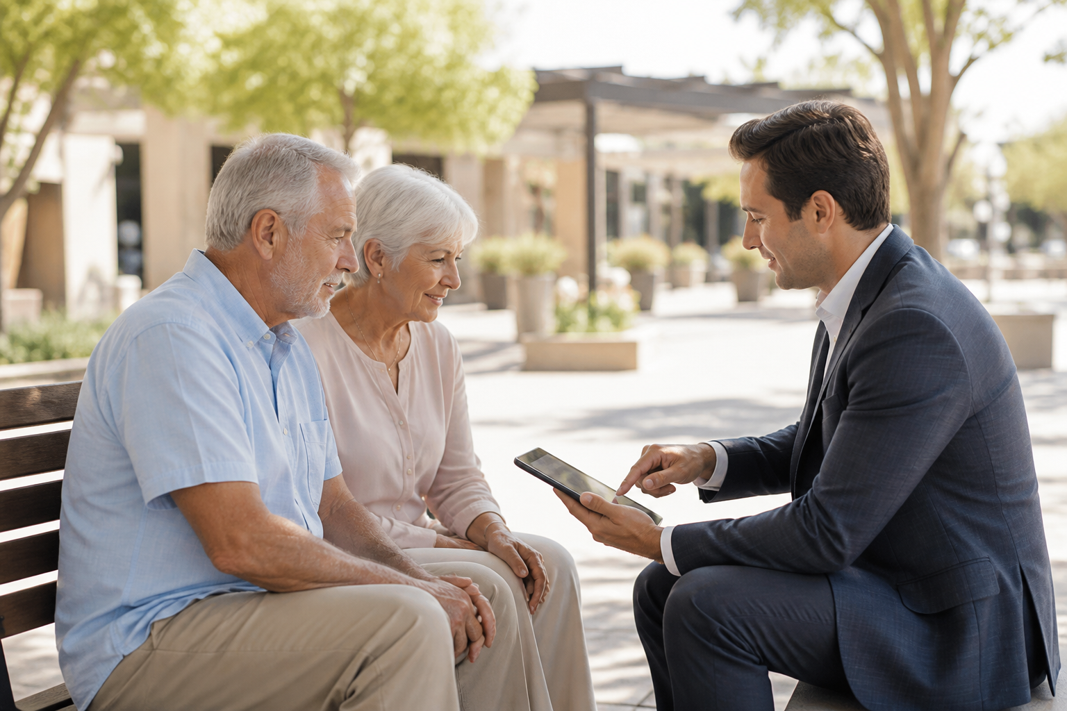 Whole Life Insurance Guide - Agent reviewing whole life insurance options with a senior couple outdoors