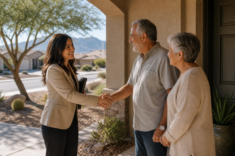 Final Expense Insurance for Seniors in Phoenix - Agent greeting senior couple at suburban Phoenix home during a home-visit co