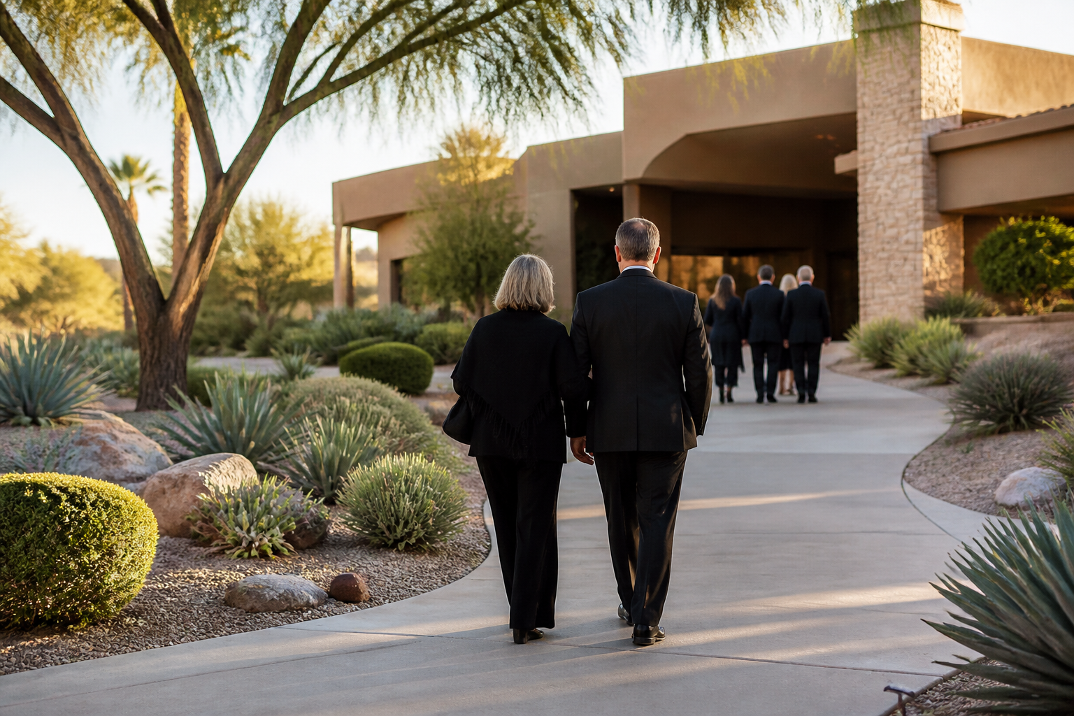 Final Expense Insurance for Seniors in Phoenix - Funeral home exterior walkway with desert landscaping in Phoenix area, wide