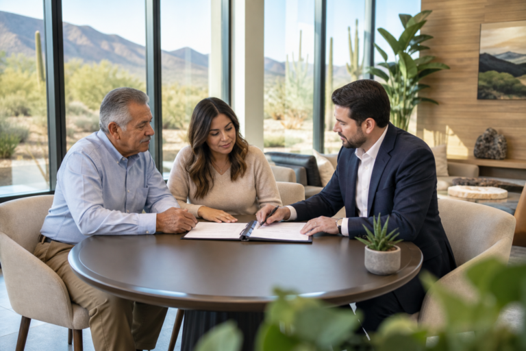 Senior parent and adult child meet an agent to discuss Whole Life Insurance for Parents: Protecting Your Kids Long-term policy options