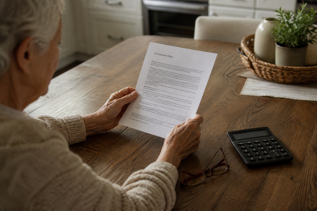 Whole Life Insurance Options - Senior holding a whole life insurance policy document at home with calculator and glasses on t