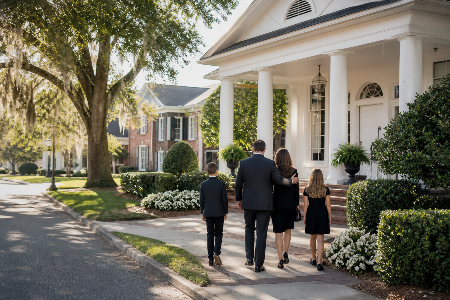 South Carolina Families: 7 Smart Ways to Plan for Funeral Costs - Family walking toward a funeral home exterior in a small So