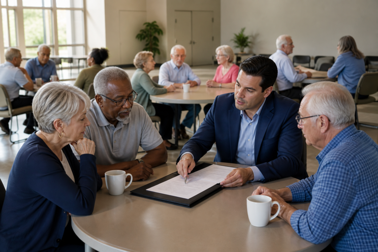 Get Approved for Final Expense Insurance - Community information session with agent helping seniors review final expense insu