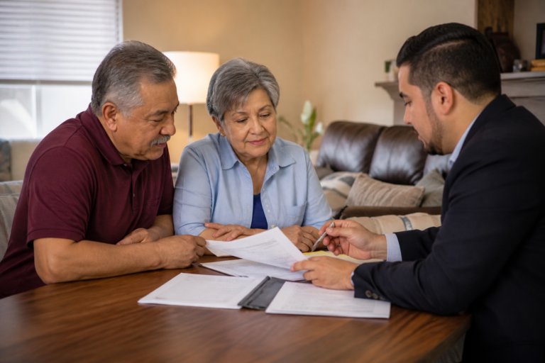 Insurance agent discussing burial insurance no medical exam options with a senior couple at home
