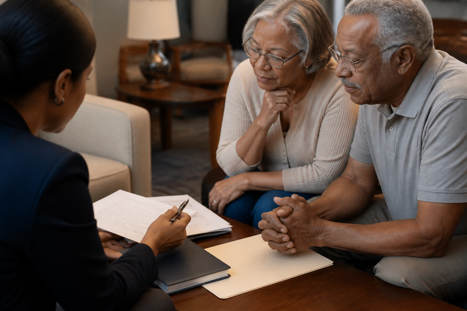 Close-up of hands signing a final expense policy during a burial insurance no medical exam consultation