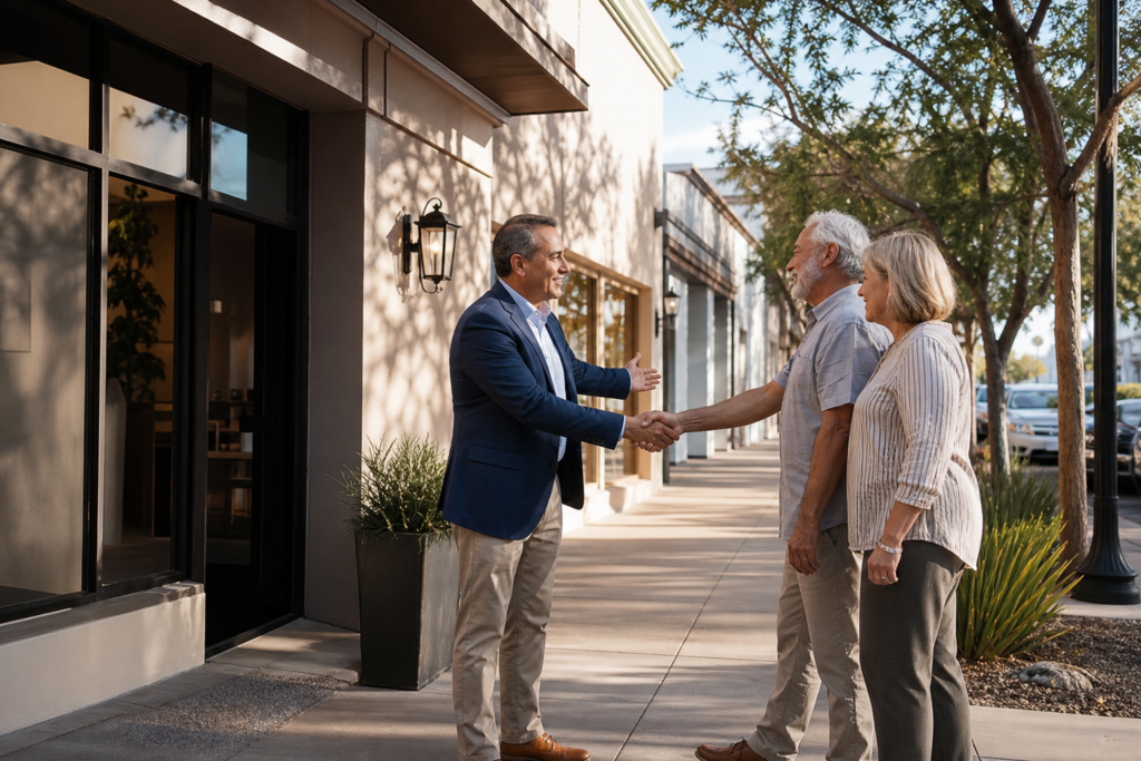 Who Sells Whole Life Insurance Near Me - Insurance agent greeting older couple outside local office, illustrating how to find