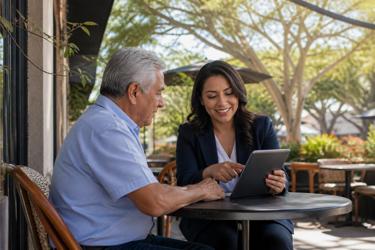 Who Sells Whole Life Insurance Near Me - Agent and senior reviewing licensing info on a tablet at an outdoor cafe, demonstrat