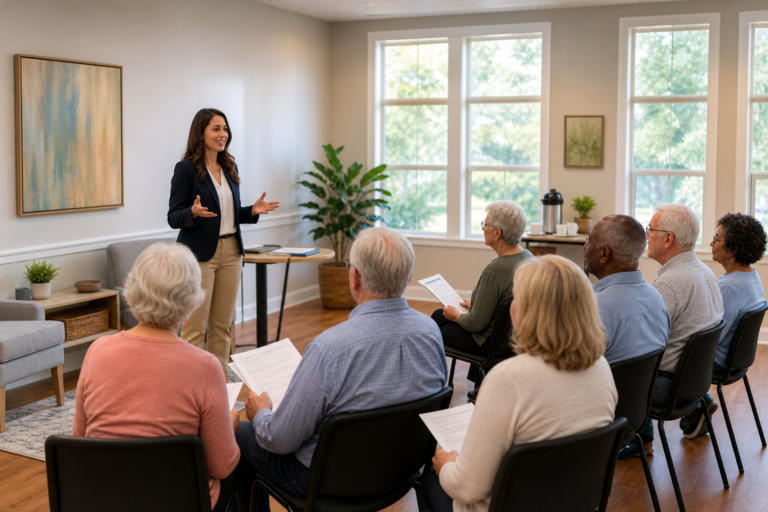 Seniors at a community seminar learning about Cash Value Account and whole life savings, wide landscape view