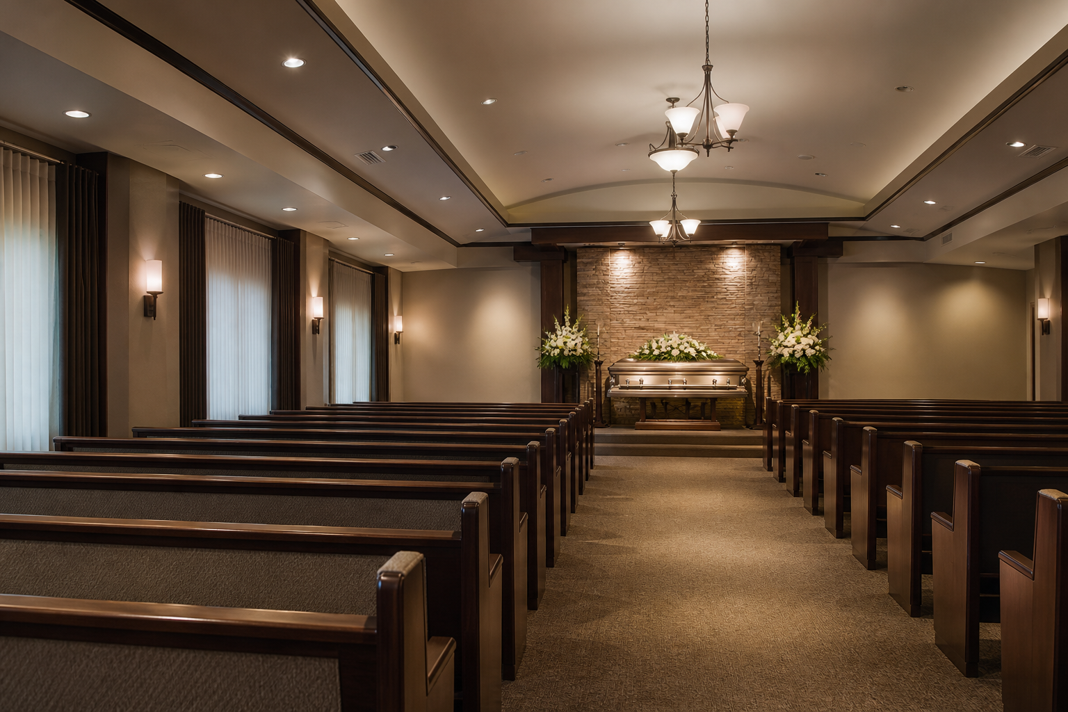 Empty funeral chapel interior representing funeral funding and how a Cash Value Account may help cover end-of-life costs