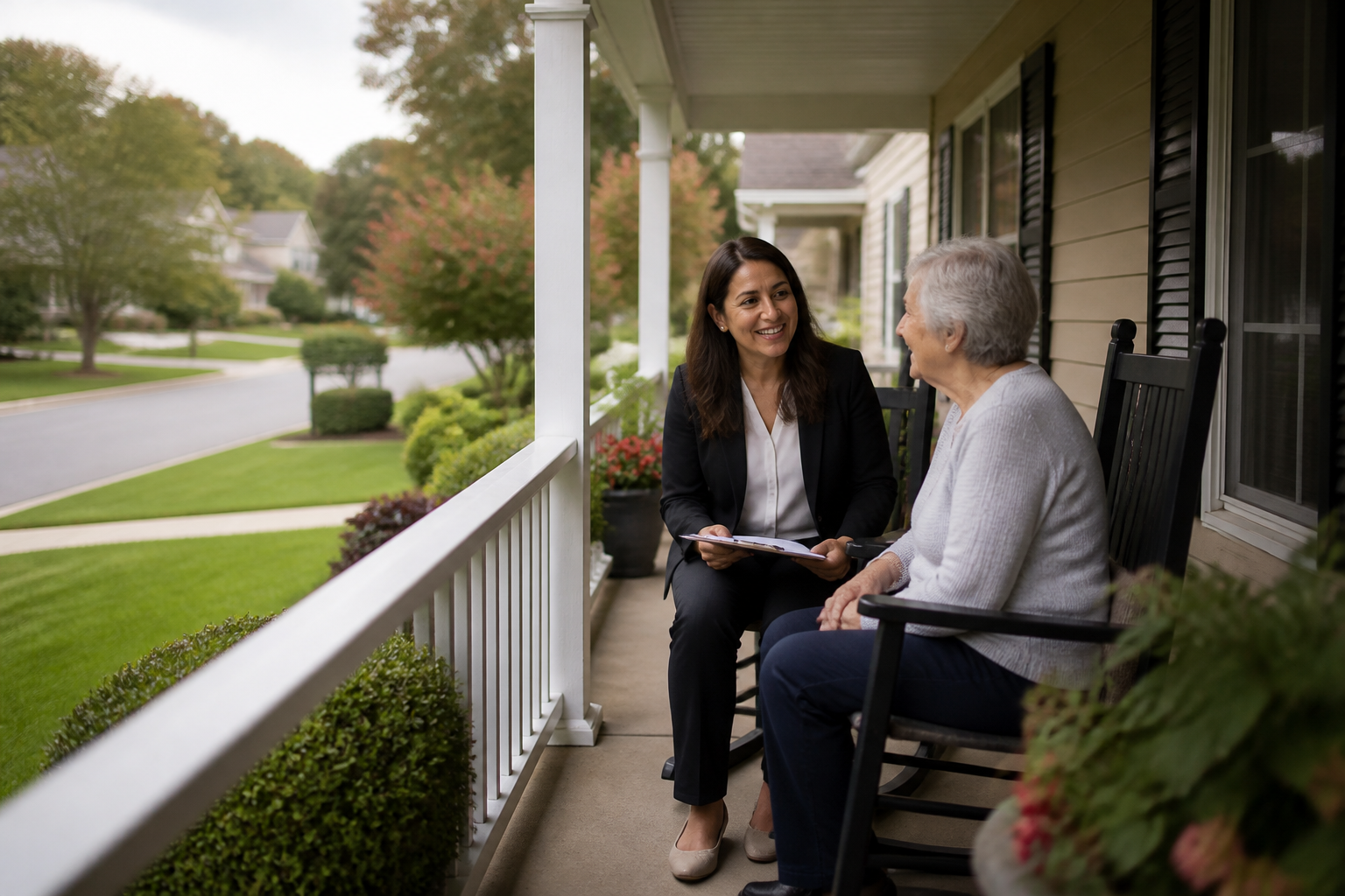 Virginia Life Insurance Basics: What Most Families Get Wrong - Insurance agent consulting a senior on her front porch in a Vi