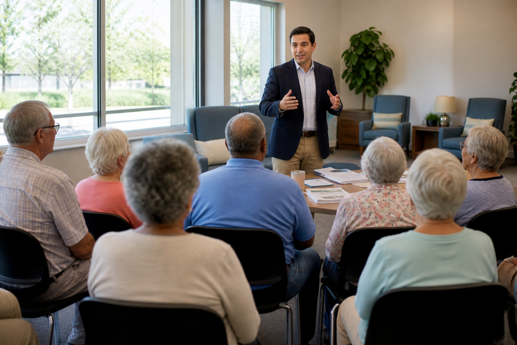 Is the Final Expense Program Legit - Insurance agent presenting final expense information to seniors at a community center se